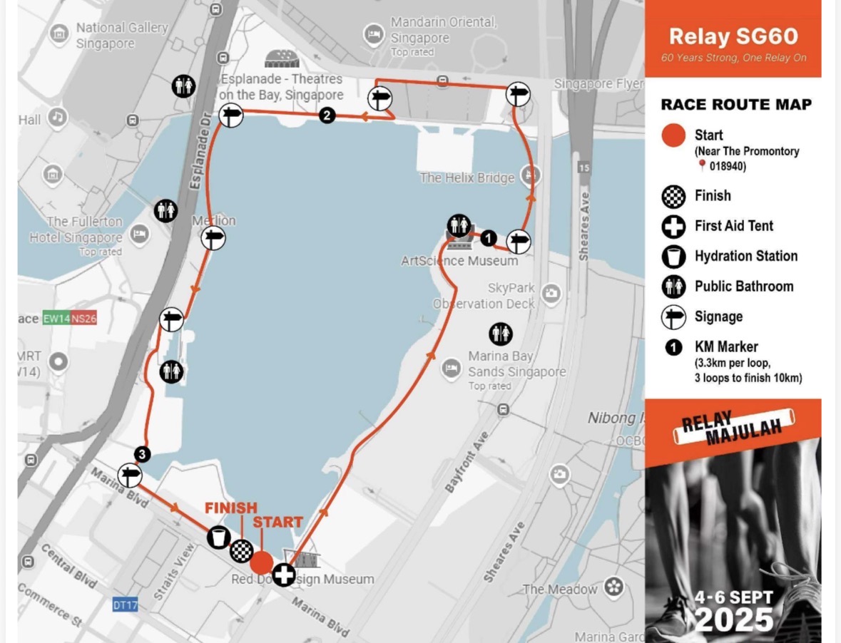 Relay SG60 race route map around the Marina Bay area